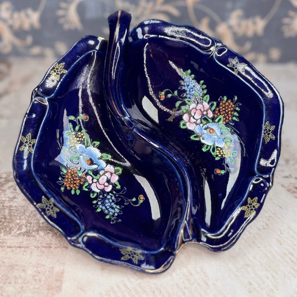 Vintage Tashiro Shoten Japan Cobalt Moriage Divided Candy Nut Dish